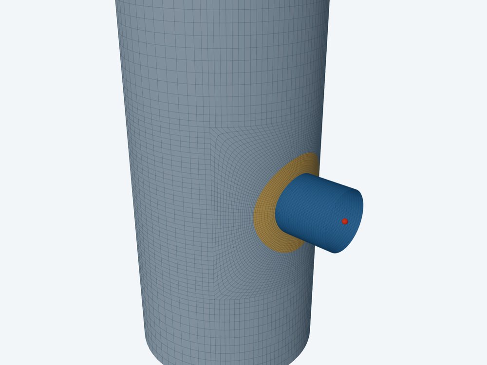 Structured quad mesh on a cylinder, refined in rings around a nozzle and its pad