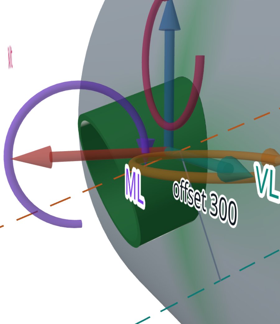 Model of a nozzle on a cylindrical shell from the WRC 537 calculator, the nozzle in green with the load axes